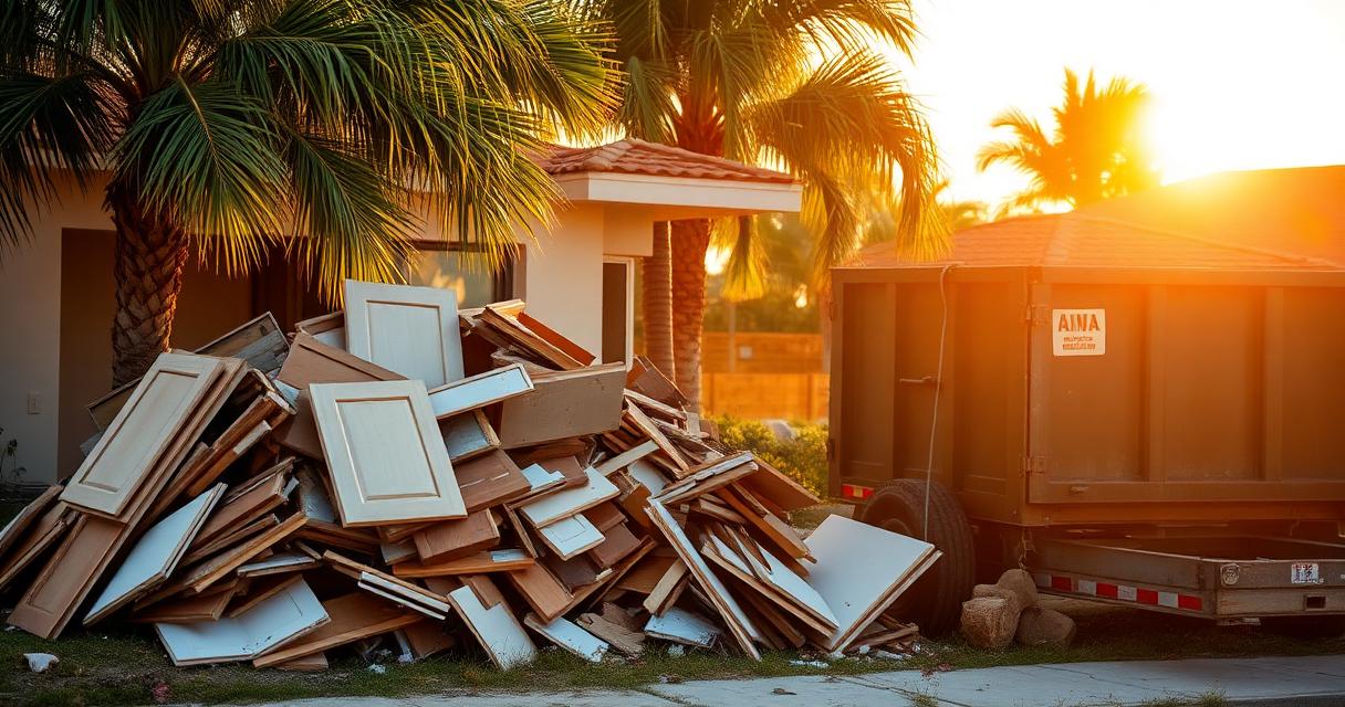 Stacked kitchen cabinets, drywall and flooring debris beside a dump trailer at a Bradenton Florida home