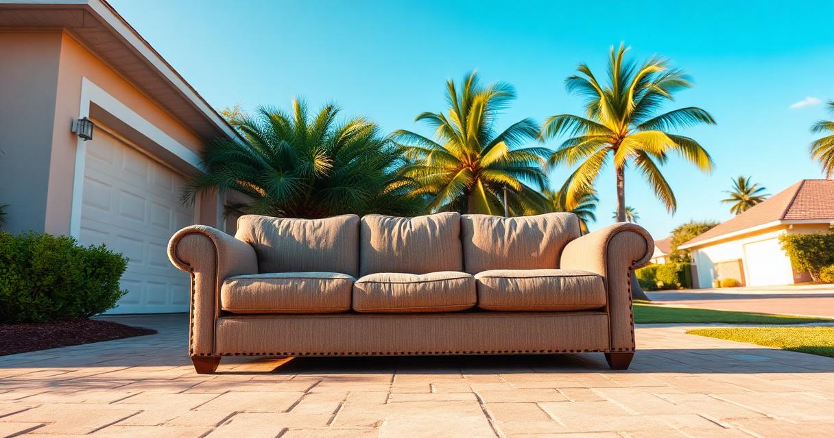Old fabric sofa on a sunlit Florida driveway ready for junk removal pickup