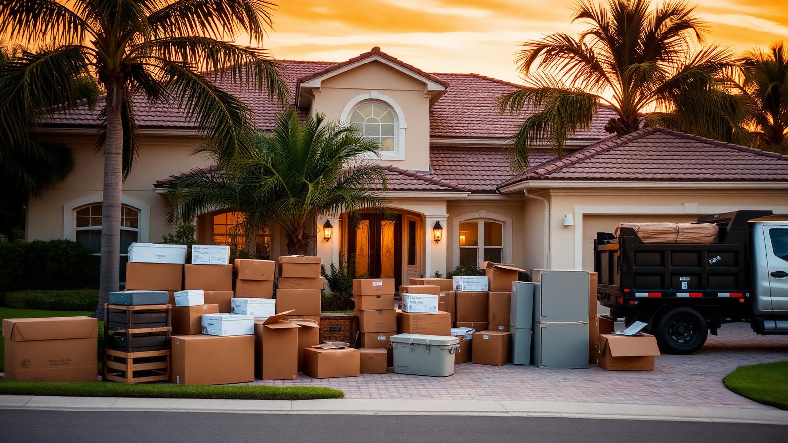 Estate cleanout in progress at a Bradenton Florida home with boxes and furniture staged on the driveway at golden hour