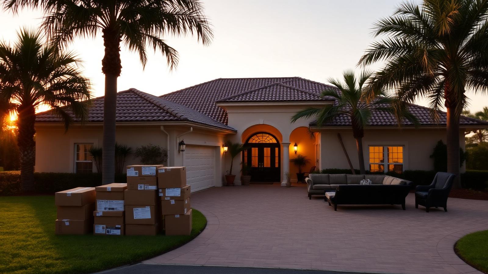 Estate cleanout at a Lakewood Ranch Florida Mediterranean-style home with boxes and furniture staged on the driveway at golden hour