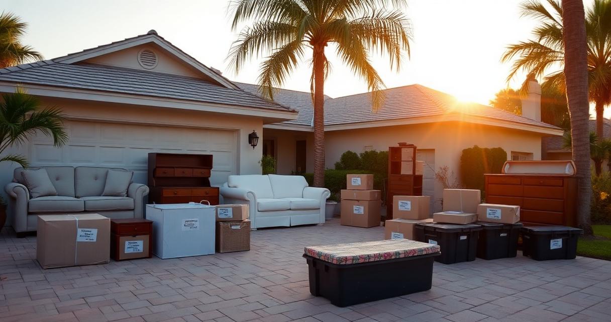 Furniture, labeled boxes and totes staged on a Florida driveway during an estate cleanout at golden hour