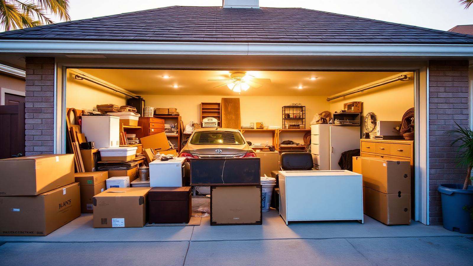 Bradenton Florida two-car garage being cleaned out with boxes and old furniture staged on driveway at golden hour