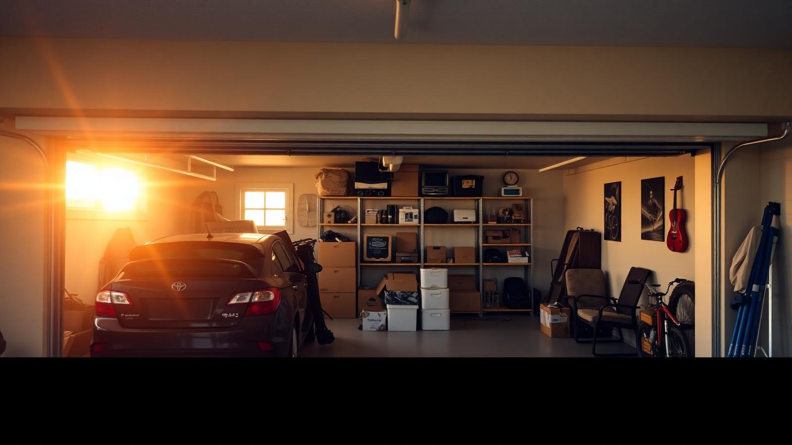 Spacious Lakewood Ranch Florida three-car garage being cleaned out and organized at golden hour