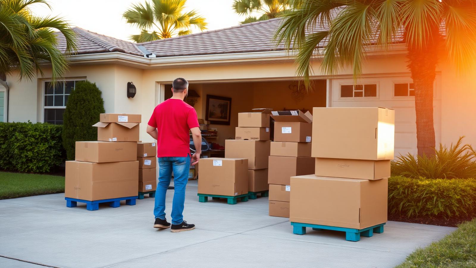 Cleanout crew respectfully staging boxes on the driveway of a Florida home at warm golden hour