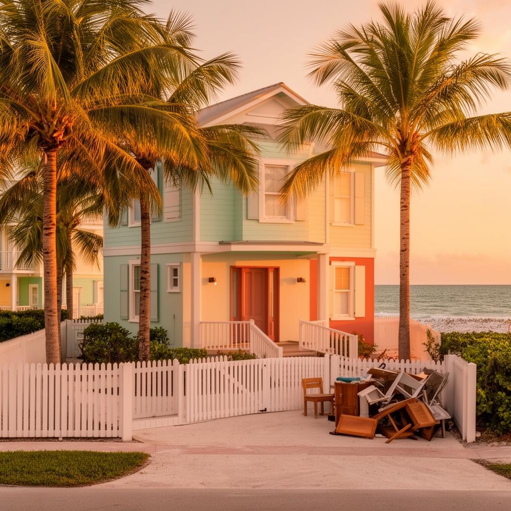Pastel Anna Maria Island beach cottage with white picket fence and palm trees at golden hour