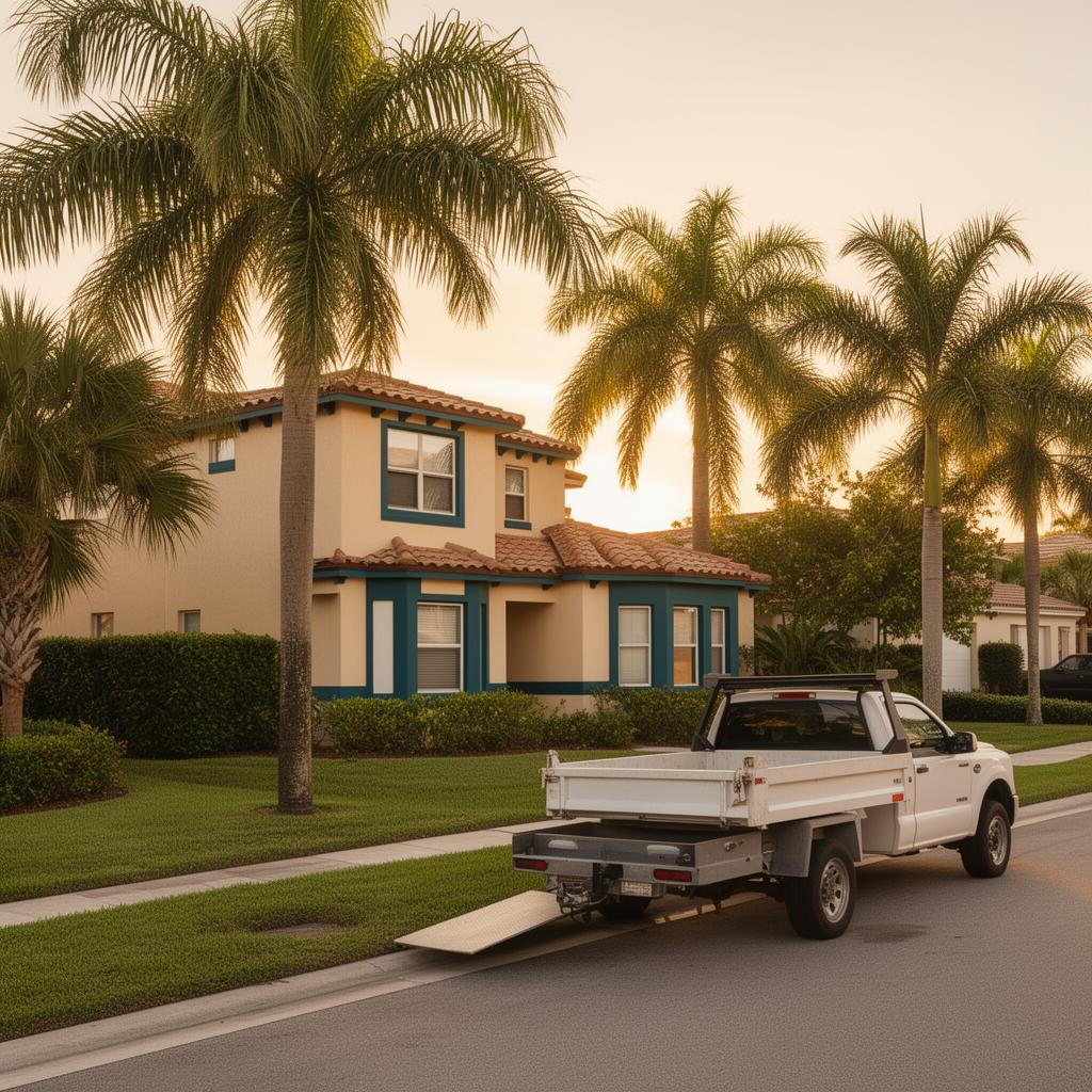 Pickup truck with dump trailer parked outside a Lakewood Ranch Florida home at golden hour