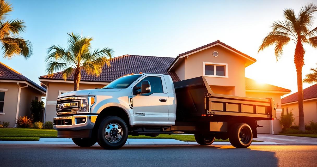 White pickup truck with dump trailer parked outside a new-construction home in Parrish Florida at golden hour