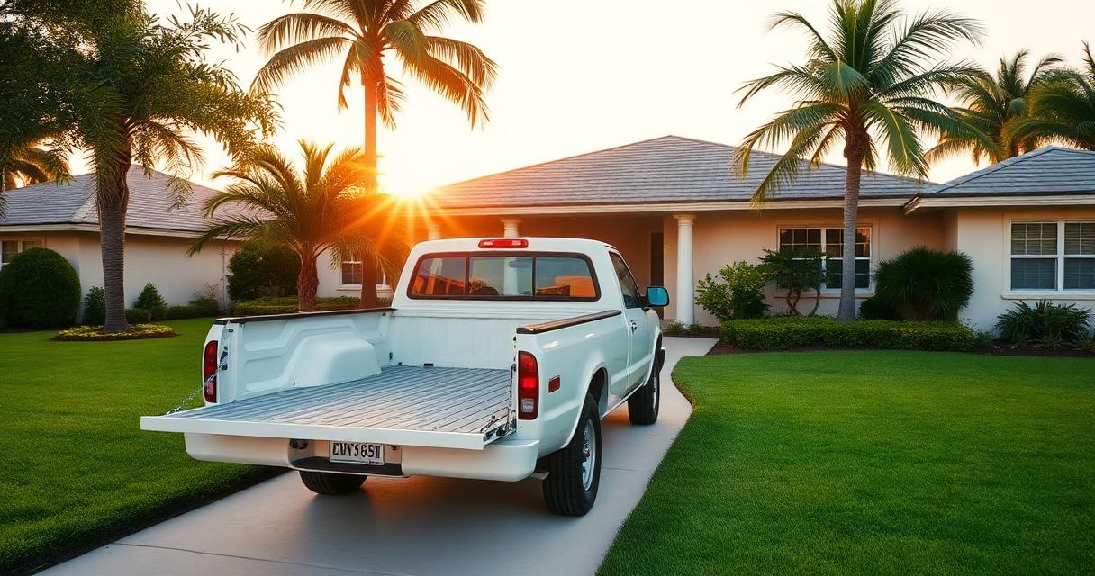 Pickup truck with dump trailer parked at a Bradenton Florida home at golden hour