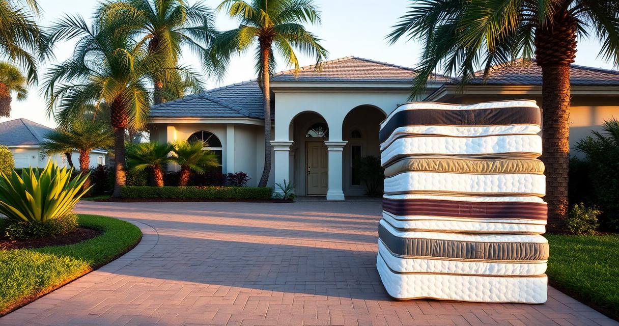 Stacked mattresses on the driveway of a Lakewood Ranch Florida home ready for disposal