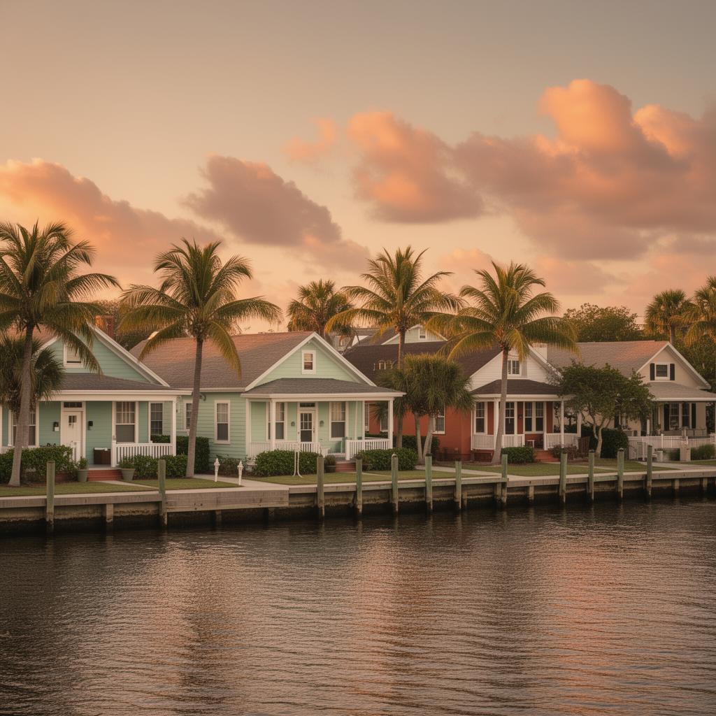 Bradenton Florida riverfront cottages with palm trees at warm golden hour
