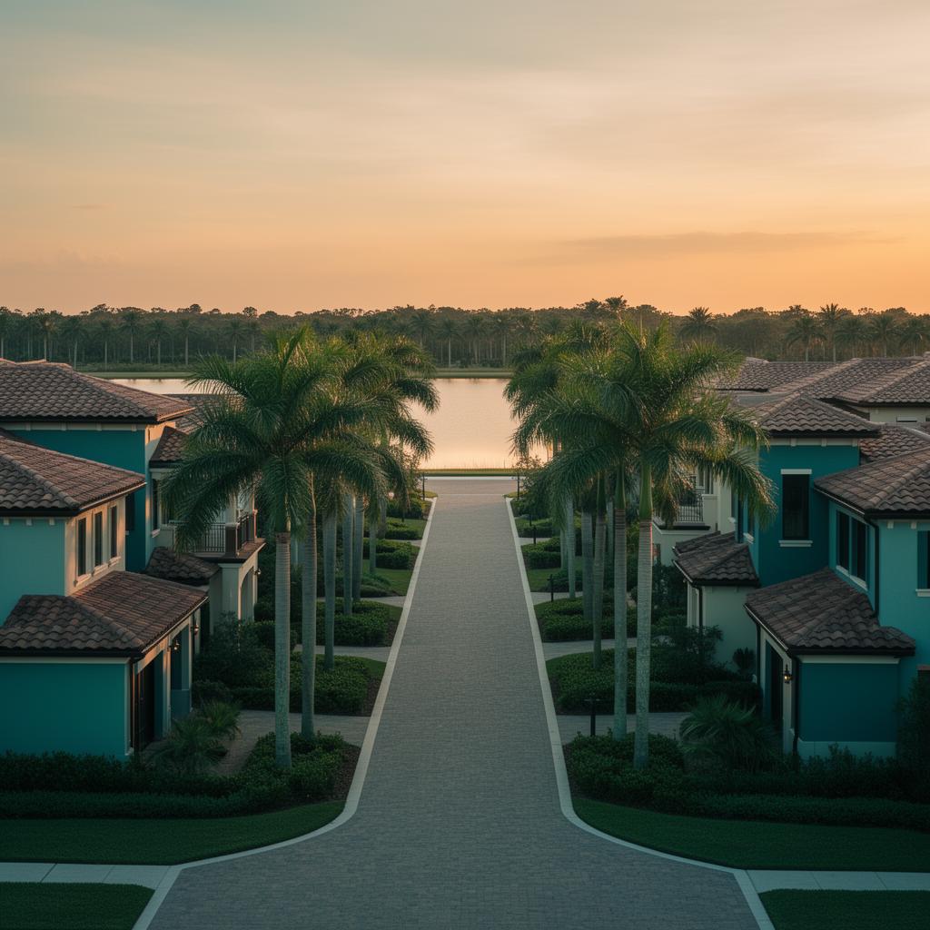 Palm-lined boulevard in Lakewood Ranch Florida at golden hour with Mediterranean-style homes