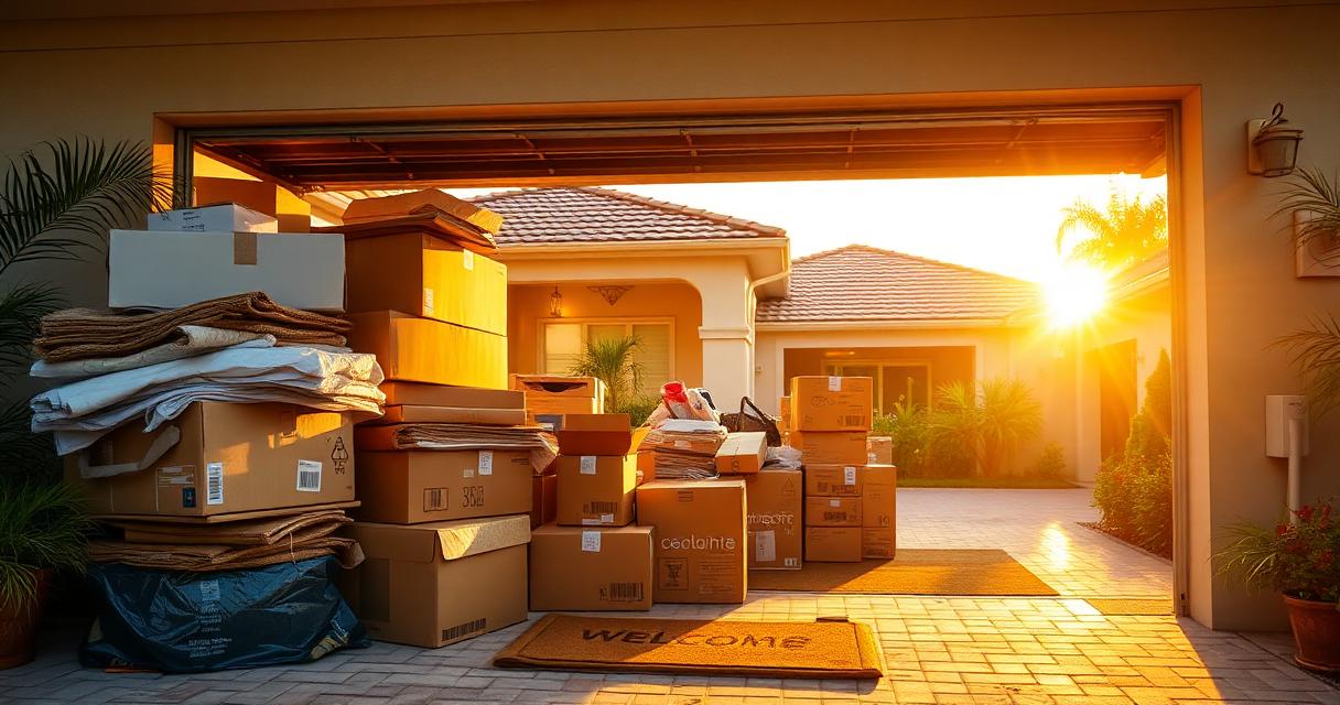 Flattened moving boxes and packing debris stacked in the garage of a new Parrish Florida home at golden hour
