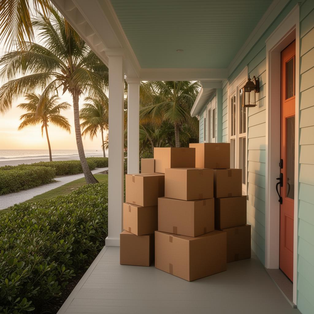 Stack of cardboard moving boxes on the porch of a pastel Florida coastal cottage at golden hour