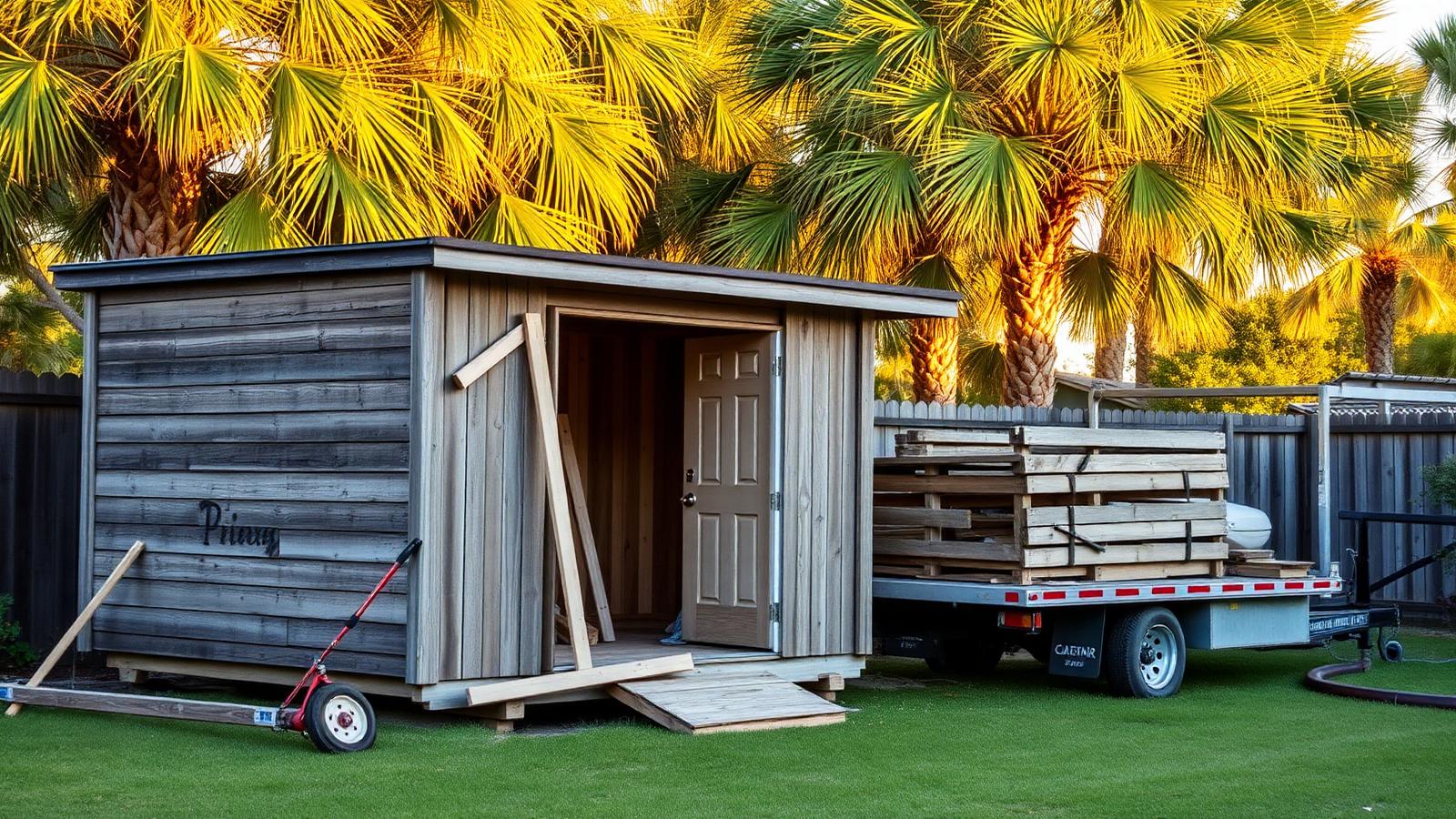 Old wooden backyard storage shed being dismantled on a Florida lawn with palm trees at golden hour